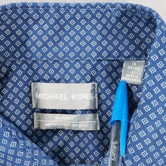 Michael Kors Shirt Mens Large Blue Oxford Slim Button Front Ditzy Geometric Prep - Picture 3 of 9